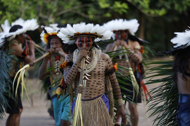 Brasnorte (MT), 09/04/2025 – Apresentação de dança típica do Povo Rikbaktsa na aldeia Beira Rio, Terra Indígena Erikpatsa. Foto: Fernando Frazão/Agência Brasil