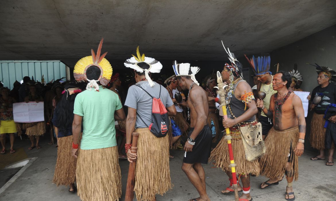 Índios da etnia Pataxó fazem manifestação em frente a Câmara dos Deputados pedindo a demarcação de terras indígenas (Antonio Cruz/Agência Brasil)