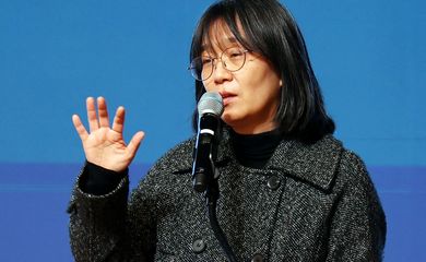 South Korean author Han Kang, the winner of the 2024 Nobel Prize in Literature, makes a speech in Gwangju, South Korea, in this photo taken in 2023. Yonhap via REUTERS THIS IMAGE HAS BEEN SUPPLIED BY A THIRD PARTY. NO RESALES. NO ARCHIVES. SOUTH KOREA OUT. NO COMMERCIAL OR EDITORIAL SALES IN SOUTH KOREA.