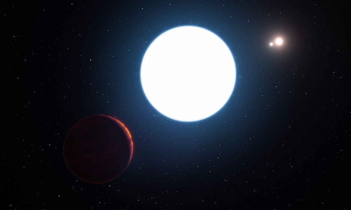 This artist's impression shows a view of the triple star system HD 131399 from close to the giant planet orbiting in the system. The planet is known as HD 131399Ab and appears at the lower-left of the picture. Located about 320 light-years from