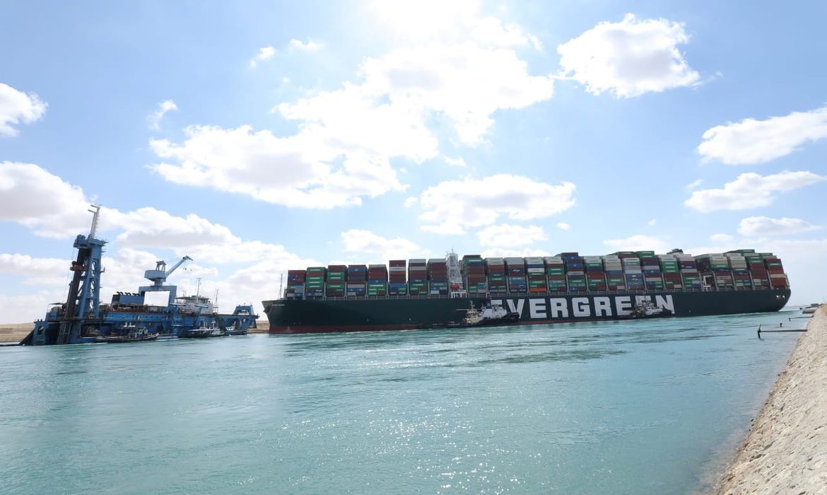 Stranded container ship Ever Given, one of the world's largest container ships, is seen after it ran aground, in Suez Canal