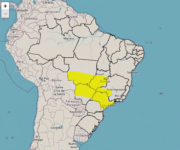 Brasília (DF) 22/02/2024 - INMET publica aviso iniciando em: 22/02/2024 10:30. Chuva entre 20 e 30 mm/h ou até 50 mm/dia, ventos intensos (40-60 km/h). Baixo risco de corte de energia elétrica, queda de galhos de árvores, alagamentos e de descargas elétricas..
Arte ALERT-AS