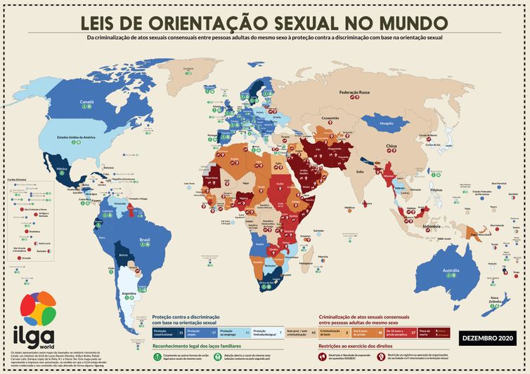Rio de Janeitro (RJ) - LGBTfobia que chegou nas caravelas se enraizou com colonização. - Em vermelho, países que criminalizavam a homossexualidade em 2020.  Arte:Associação Internacional de Gays e Lésbicas (ILGA)/ Divulgação