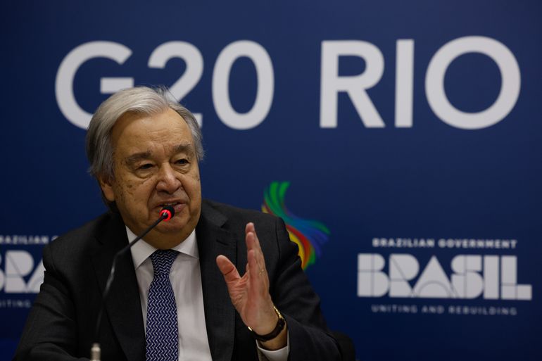 Rio de Janeiro(RJ), 17/11/2024 - O secretário-geral da ONU, António Guterres, concede coletiva no Centro de mídia do G20.  Foto: Tânia Rêgo/Agência Brasil