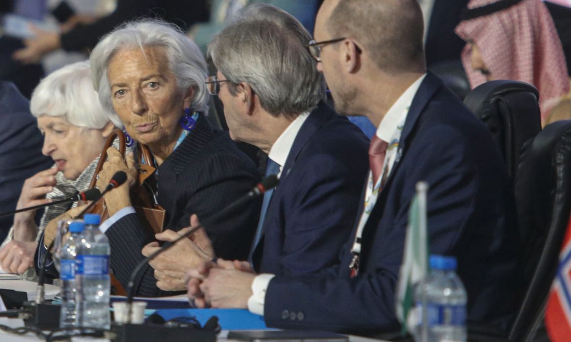 São Paulo (SP) 28/02/2024- Secretária do Tesouro dos Estados Unidos, Janet Yellen (e), presidente do Banco Central Europeu.Christine Lagarde (d) duarnte a 1ª reunião de Ministros de Finanças e Presidentes de Bancos Centrais do G20, no Pavilhão da Bienal no Parque Ibirapuera.  Presidente do Banco Central Roberto Campos Neto.
Foto Paulo Pinto/Agência Brasil