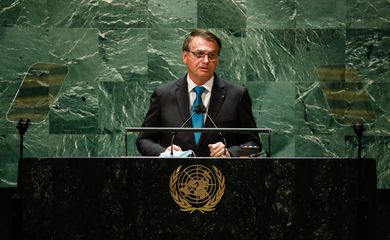 O presidente Jair Bolsonaro, durante a sessão de debates da 76ª Assembleia Geral das Nações Unidas (ONU)