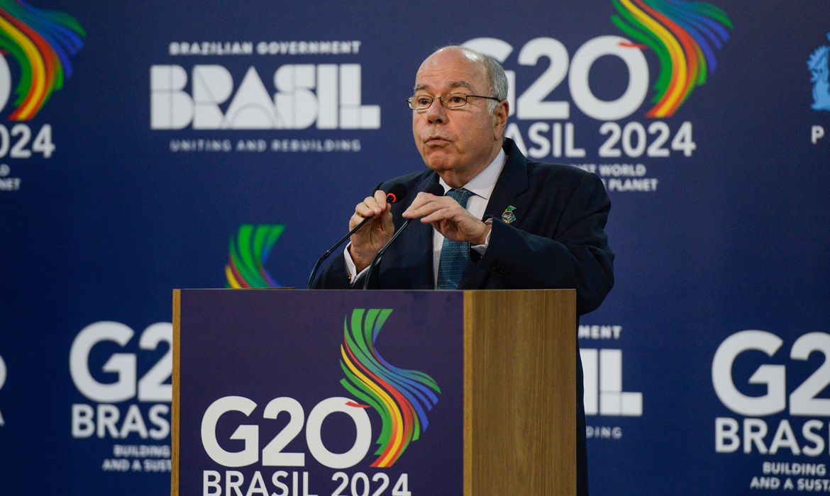 Rio de Janeiro (RJ), 22/02/2024 – O ministro das Relações Exteriores, Mauro Vieira fala após reunião de chanceleres do G20, na Marina da Glória, zona sul do Rio de Janeiro Foto: Tomaz Silva/Agência Brasil
