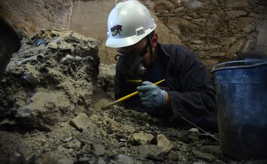  Pedro von Seehausen, doutorando em Arqueologia, especialista em egiptologia do Museu Nacional da UFRJ, resgata fragmentos ósseos um ano após o incêndio.
