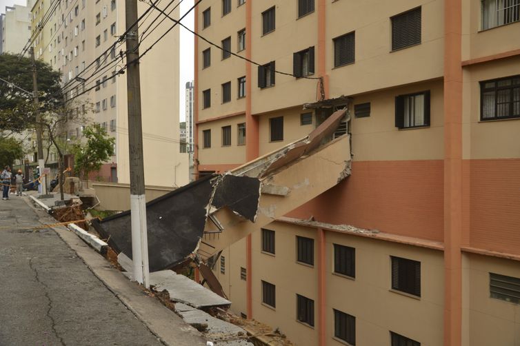 Muro de arrimo de edifício Norma, que fica na rua Nicolau de Souza Queirós, desaba, e prédio é evacuado por risco de desabamento, na Aclimação, região central de São Paulo.