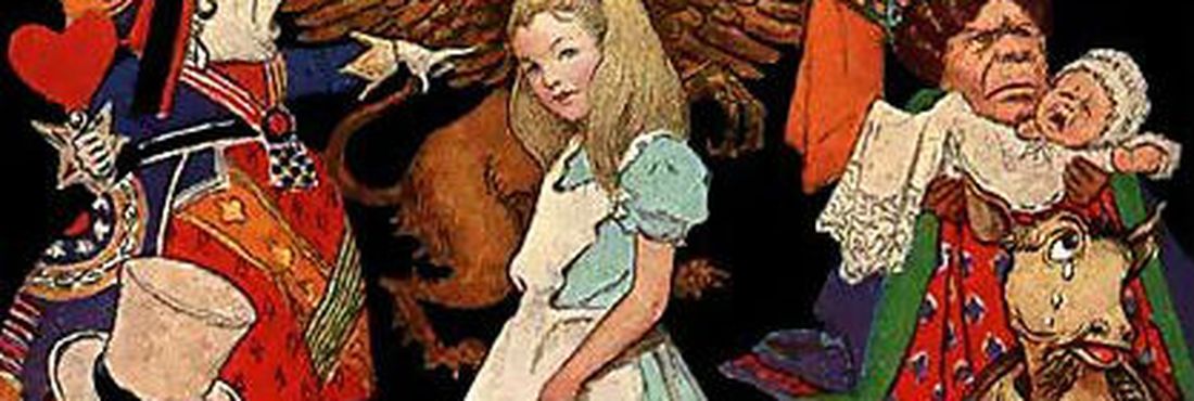Ilustração de Alice cercada pelos personagens do País das Maravilhas, Peter Newell. (1890)