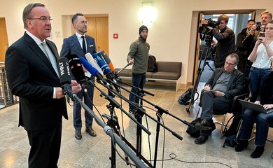 German Defence Minister Boris Pistorius makes statement in Berlin, Germany, March 3, 2024, on apparent eavesdropping of a call, after Moscow said a recording of German officers showed them discussing weapons for Ukraine and a potential strike by Kyiv on a bridge in Crimea.    REUTERS/Oliver Denzer
