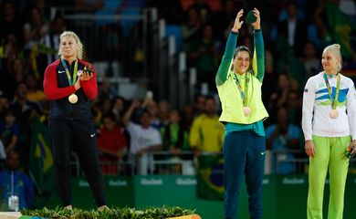 Rio de Janeiro - A judoca brasileira Mayra Aguiar vence cubana na categoria até 78 quilos e ganha medalha de bronze na Rio 2016 (Fernando Frazão/Agência Brasil)