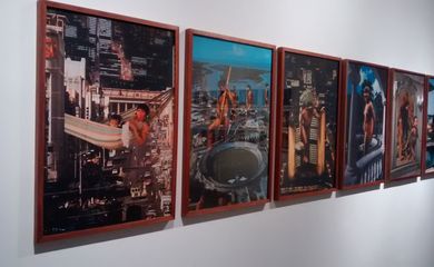 Série Cotejo, de Célio Celestino, exposta no Salão de Abril. Os quadros mostram figuras indígenas superdimensionadas em ambientes urbanos