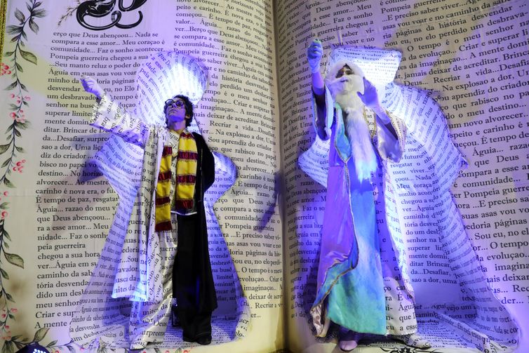 Revellers from Aguia de Ouro samba school perform dressed up in Harry Potter themed costumes during the second night of the Carnival parade at the Sambadrome in Sao Paulo