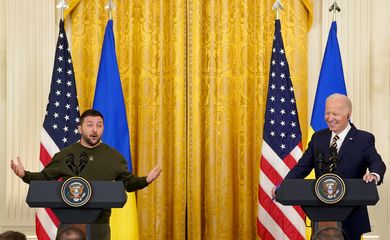 Presidentes dos EUA, Joe Biden, e da Ucrânia, Volodymyr Zelenskiy, concedem entrevista coletiva na Casa Branca