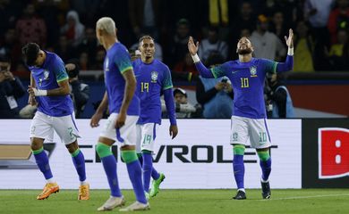 Brasileiros comemoram gol contra Tunísia