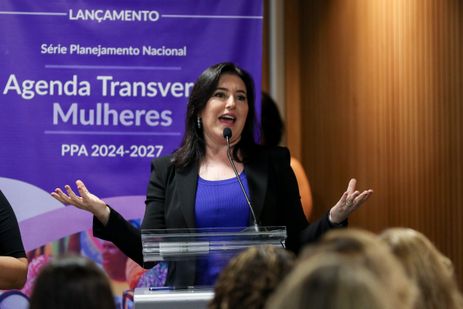 Brasília (DF), 04/03/2024, A ministra do Planejamento e Orçamento, Simone Tebet, durante lançamento do Relatório da Agenda Transversal Mulheres PPA 2024-2027 Foto: Jose Cruz/Agência Brasil