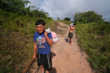 Surucucu (RR), 09/02/2023 - Pedro e Natanael, homens yanomami caminham com suprimentos em trilha no Surucucu, na Terra Indígena Yanomami.  Foto: Fernando Frazão/Agência Brasil