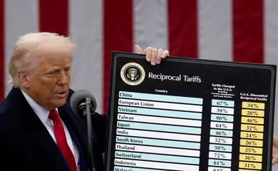 FILE PHOTO: U.S. President Donald Trump delivers remarks on tariffs in the Rose Garden at the White House in Washington, D.C., U.S., April 2, 2025. Reuters/Carlos Barria/Arquivo/Proibida reprodução