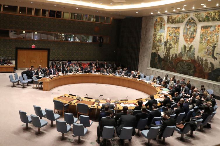 Membros do Conselho de Segurança das Nações Unidas durante reunião sobre a situação na Venezuela, em Nova York, EUA.