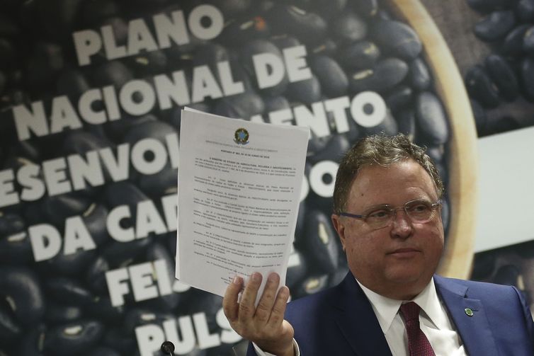 O Ministro da Agricultura, Pecuária e Abastecimento (Mapa), Blairo Maggi, durante o lançamento do Plano Nacional para o Desenvolvimento da Cadeira Produtiva do Feijão e pulses, que são a lentilha, o grão de bico e a ervilha. 