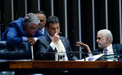 Brasília (DF), 04/12/2024 - senador Eduardo Girão (Novo-CE);
2º vice-presidente do Senado Federal, senador Rodrigo Cunha (Podemos-AL);
líder do governo no Senado Federal, senador Jaques Wagner (PT-BA) durante sessão do Senado Federal durante sessão deliberativa ordinária. Na pauta, Proposta de Emenda à Constituição (PEC) 3/2020, que atribui somente à União a tarefa de legislar sobre defesa cibernética e segurança cibernética, transporte de valores e segurança das instituições financeiras. Foto: Andressa Anholete/Agência Senado