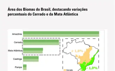 Rio de Janeiro (RJ), 18/11/2025 – Mata Atlântica perde 1% de área e Cerrado ganha 1,8% em revisão do IBGE.
Mapa IBGE