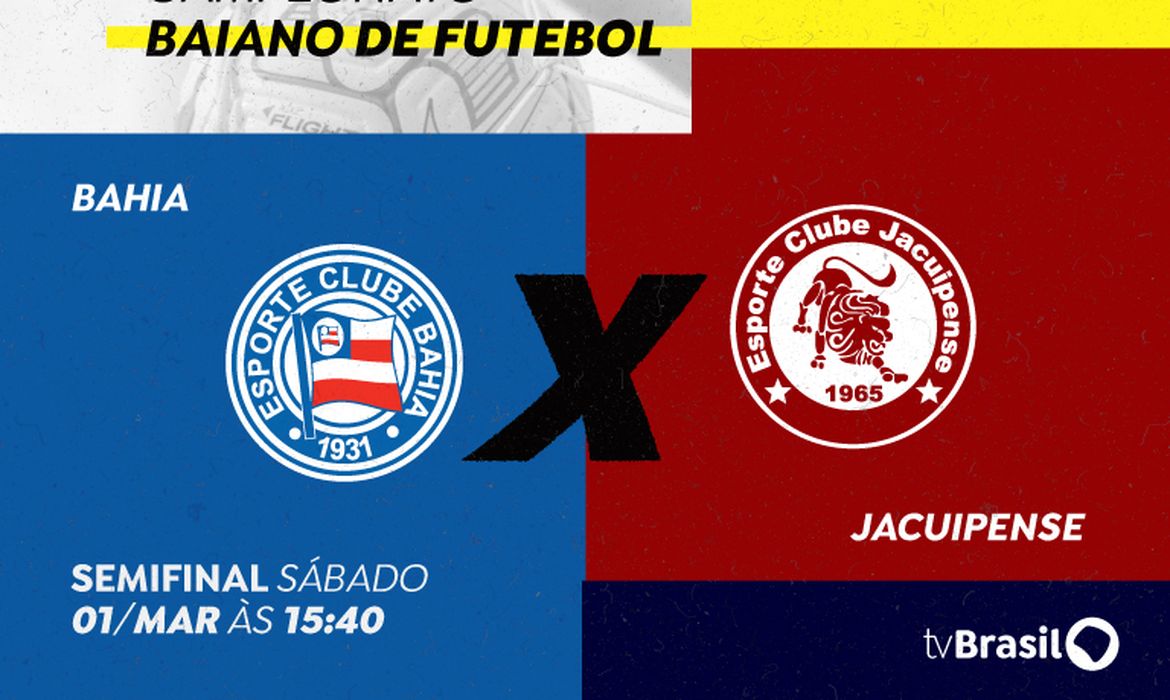 Brasília (DF), 26/02/2025 - Arte para da TV Brasil que exibe neste sábado (1º) as emoções do duelo Bahia x Jacuipense, em jogo de ida da semifinal do Campeonato Baiano de Futebol. Arte/Agência Brasil
