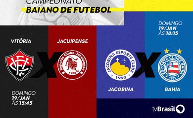 Rio de Janeiro (RJ), 17/01/2025 - A TV Brasil exibe dois confrontos do Campeonato Baiano de futebol neste domingo (19). A partir das 15h45, os telespectadores poderão acompanhar a partida entre Vitória e Jacuipense. Logo depois, às 18h15, será transmitido o duelo entre Jacobina e Bahia. Os jogos serão válidos pela terceira rodada do estadual. Arte: TV Brasil/Divulgação