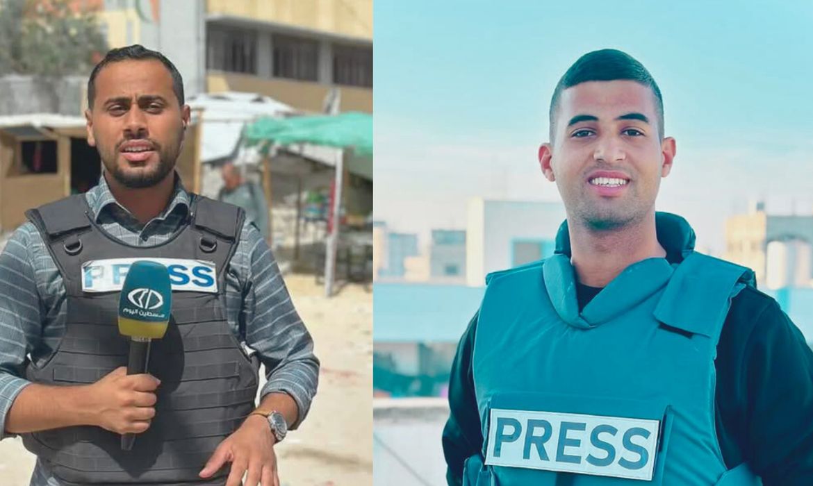 Gaza, 25/03/2025 - Jornalistas assassinados ontem por Israel. São eles o profissional da TV Al-Jazeera, o palestino Hossam Shabat, e o jornalista da TV Palestine Today, Mohammad Mansour. Foto: Sindicato dos Jornalistas da Palestina/Divulgação