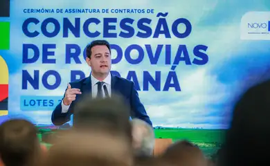 Brasília (DF), 28/04/2025 - O governador do Paraná, Ratinho Jr, durante cerimônia de assinatura de contrato de Concessão de Rodovias no Paraná Lotes 3 e 6, realizada no Palácio do Planalto. Foto: Marcio Ferreira/MT