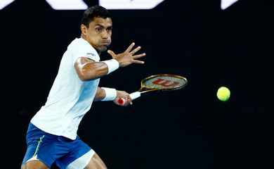 Austrália- 12/01/2025 O paranaense Thiago Seyboth Wild estreia neste domingo (12) na chave principal masculina de simples Aberto da Austrália. Foto- Kim Kyung-Hoon / Reuters/ Proibida reprodução.