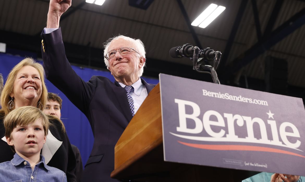 Democratic U.S. presidential candidate Senator Bernie Sanders speaks at his New Hampshire primary night rally in Manchester, N.H., U.S.