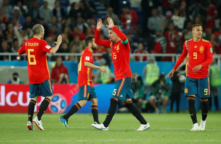 Copa 2018: Espanha e  Marrocos. Comemoração do segundo gol Espanha.