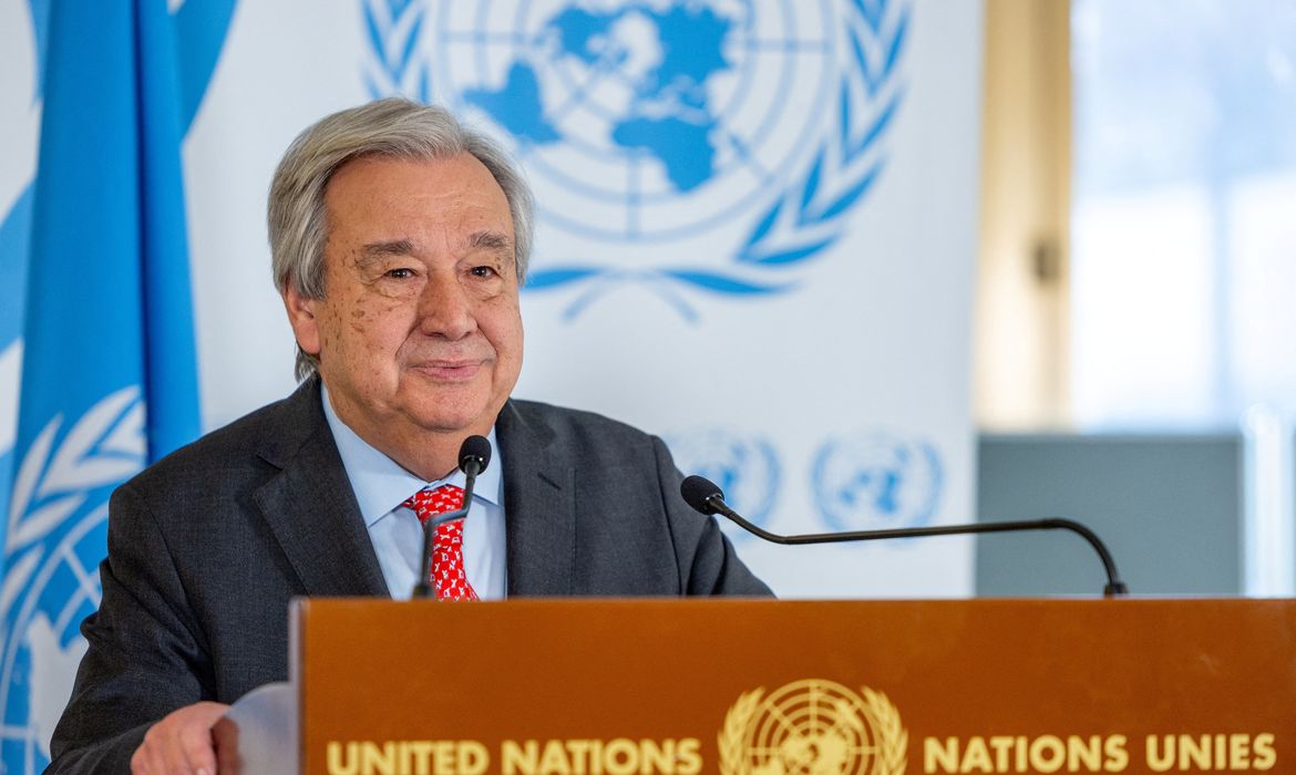 United Nations Secretary General Antonio Guterres speaks during a stake out at the Human Rights Council at the U.N. in Geneva, Switzerland, February 26, 2024.  REUTERS/Denis Balibouse