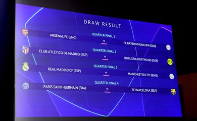 Tela mostra resultado do sorteio das quartas de final da Liga dos Campeões na sede da Uefa, em Nyon
15/03/2024 REUTERS/Denis Balibouse