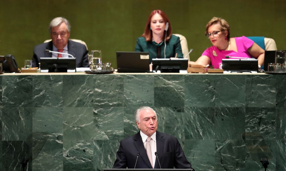 Brazil's President Michel Temer addresses the 73rd session of the United Nations General Assembly at U.N. headquarters in New York, U.S., September 25, 2018. REUTERS/Carlo Allegri
