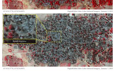 Imagens de satélite mostram a ação do grupo extremista Boko Haram na Vila de Doro Baga, no Nordeste da Nigéria. As imagens do dia 2 de janeiro e do dia 7 de janeiro mostram como casas e árvores foram destruídas. Os pontos vermelhos indicam