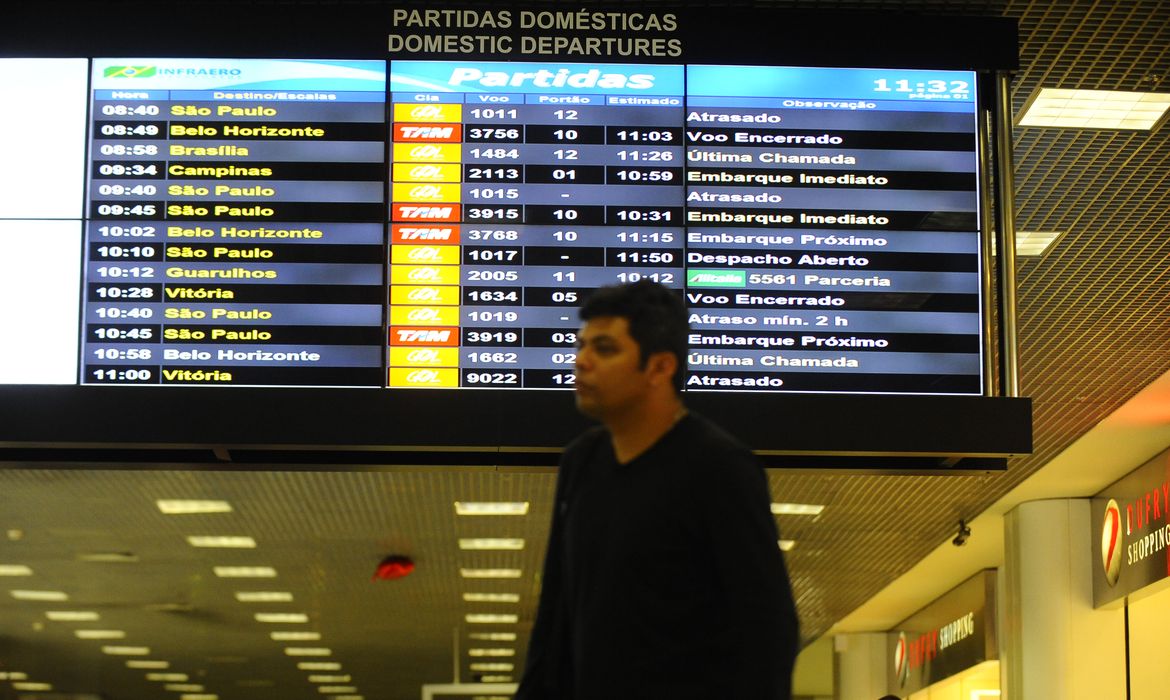Neblina que atingiu o Rio ontem (12) e hoje (13) provocou o fechamento do Aeroporto Santos Dumont para pousos e decolagens. O reflexo disso foram atrasos, cancelamentos de voos e filas (Tânia Rêgo/Agência Brasil)