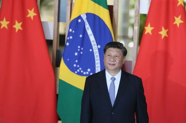 O  presidente da República Popular da China, Xi Jinping, durante declaração à imprensa no Palácio do Itamaraty, em Brasília