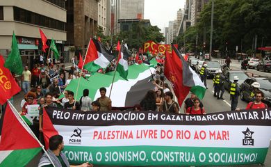 São Paulo (SP), 13/01/2024 - Manifestação de apoio ao povo palestino e para denunciar os crimes do Estado judeu, organizada pela Campanha de Solidariedade à Palestina, Coligação Pare a Guerra e os Amigos de Al Aqsa, na Avenida Paulista. Foto: Rovena Rosa/Agência Brasil