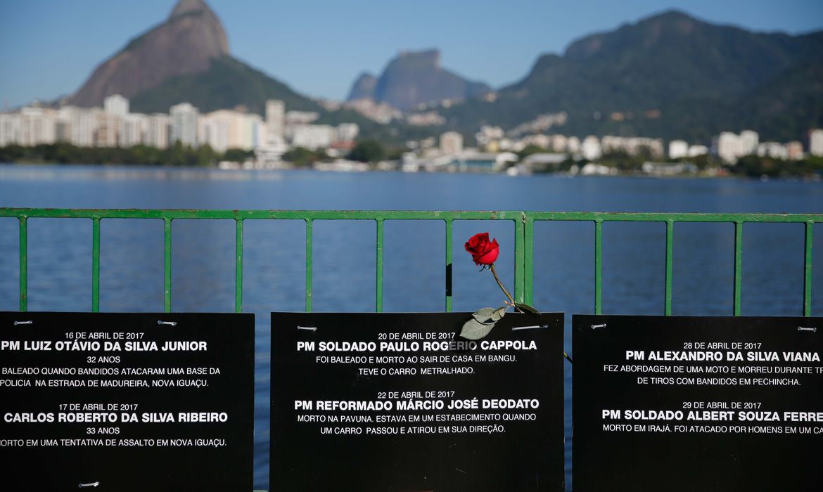 Rio de Janeiro -  A ONG Rio de Paz realiza um ato público, na orla da Lagoa Rodrigo de Freitas, em memória dos policiais militares assassinados este ano no Estado do Rio de Janeiro. Foram fixadas no local placas com os nomes dos 91 PMs