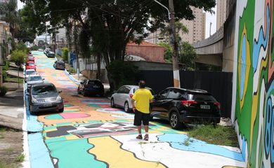 Pinturas com tema da Copa do Mundo na rua Capitão Siqueira Barbosa, Parada Inglesa, zona norte de São Paulo.