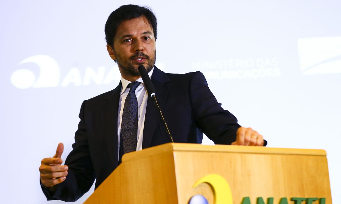O ministro das Comunicações, Fábio Faria, durante solenidade de posse do novo presidente da Anatel, Carlos Manuel Baigorri.