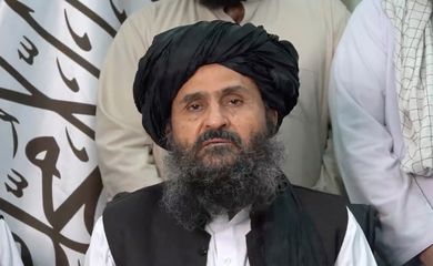 A still image taken from video shows Mullah Baradar Akhund, a senior official of the Taliban, making a video statement