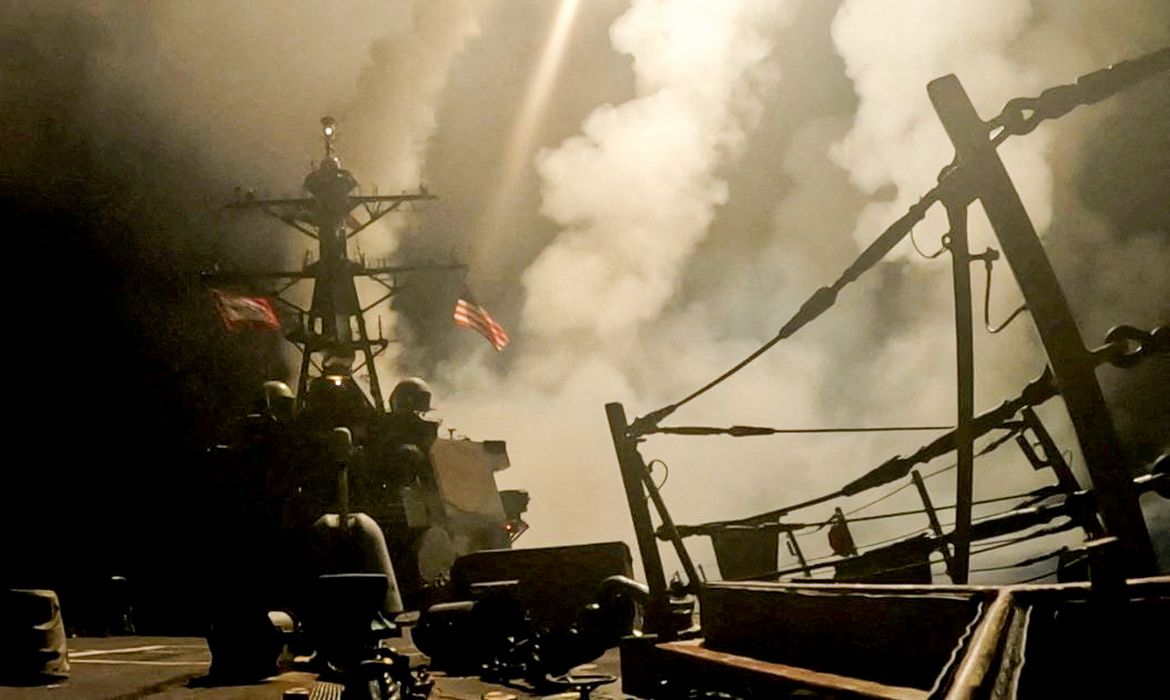 A ship fires missiles at an undisclosed location, after U.S. President Donald Trump launched military strikes against Yemen's Iran-aligned Houthis on Saturday over the group's attacks against Red Sea shipping, in this screengrab obtained from a handout video released on March 15, 2025. U.S. Central Command/Handout via REUTERS THIS IMAGE HAS BEEN SUPPLIED BY A THIRD PARTY     TPX IMAGES OF THE DAY