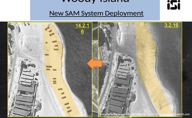 Imagens de satélite dos dias 3 e 14 de fevereiro mostram a instalação de mísseis na ilha de Woody, no arquipélago Paracels, no Mar do Sul da China