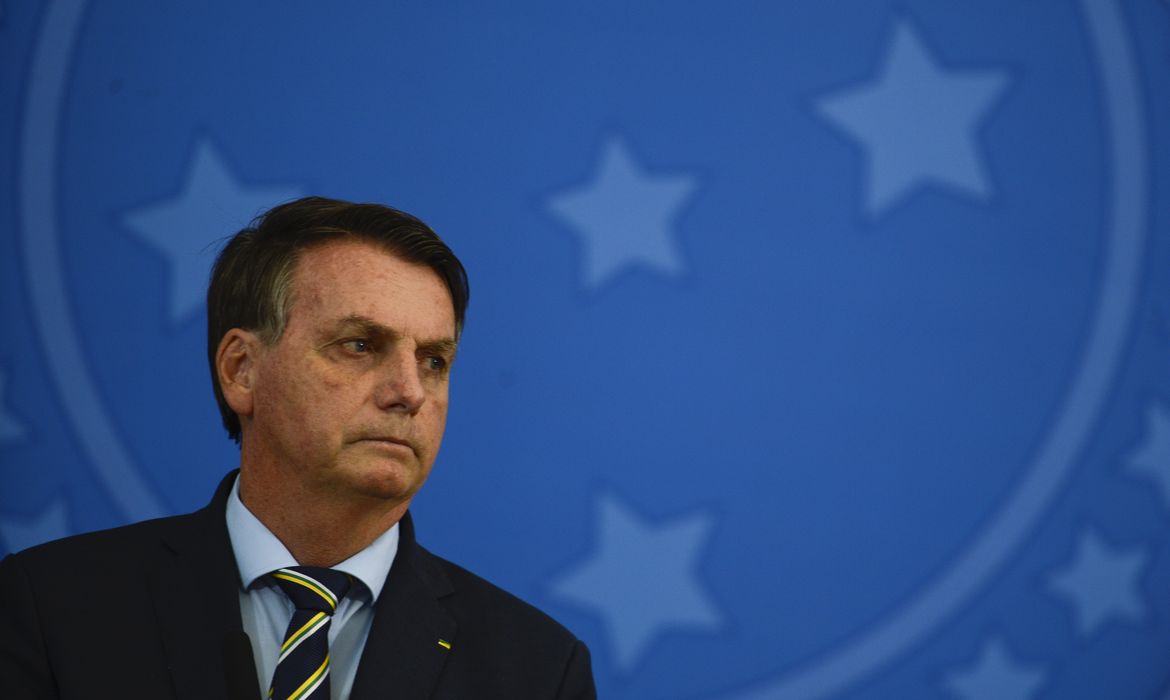 O presidente Jair Bolsonaro, durante pronunciamento no Palácio do Planalto