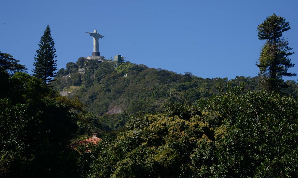 Rio de Janeiro - Cristo Redentor visto do Parque Nacional da Tijuca, durante mutirão de plantio de mudas de espécies nativas na nascente do Rio Carioca (Fernando Frazão/Agência Brasil)