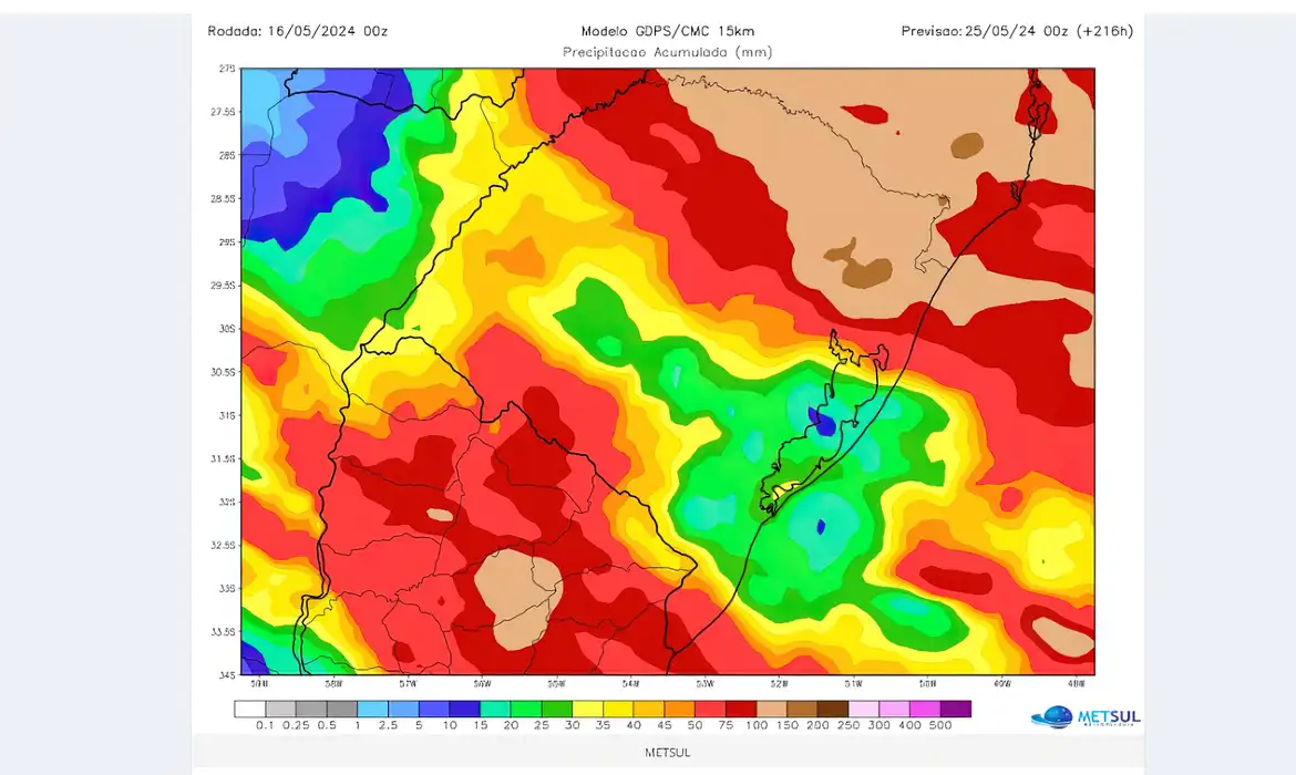 Brasília (DF) 17/05/2024 - Mapas Traz as projeções de chuva para dez dias dos modelo canadense (CMC) e europeu (ECMWF) em que se constata a tendência de altos volumes de chuva no período em diversas cidades, inclusive afetadas por enchentes.
Mapa METSUL/Divulgação
